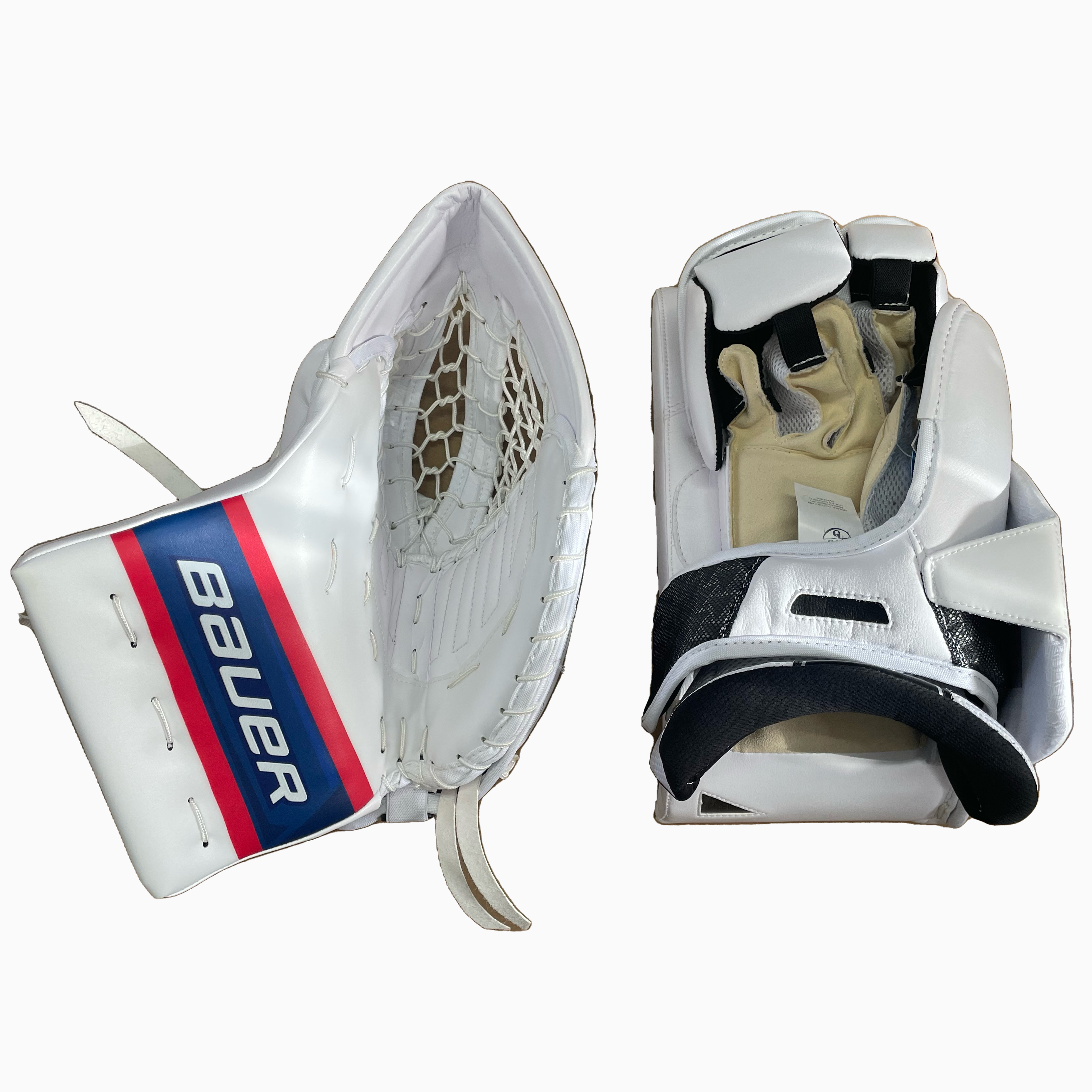 Bauer Vapor Hyperlite - Ensemble de gants de gardien senior Pro Stock neufs (blanc/bleu/rouge)